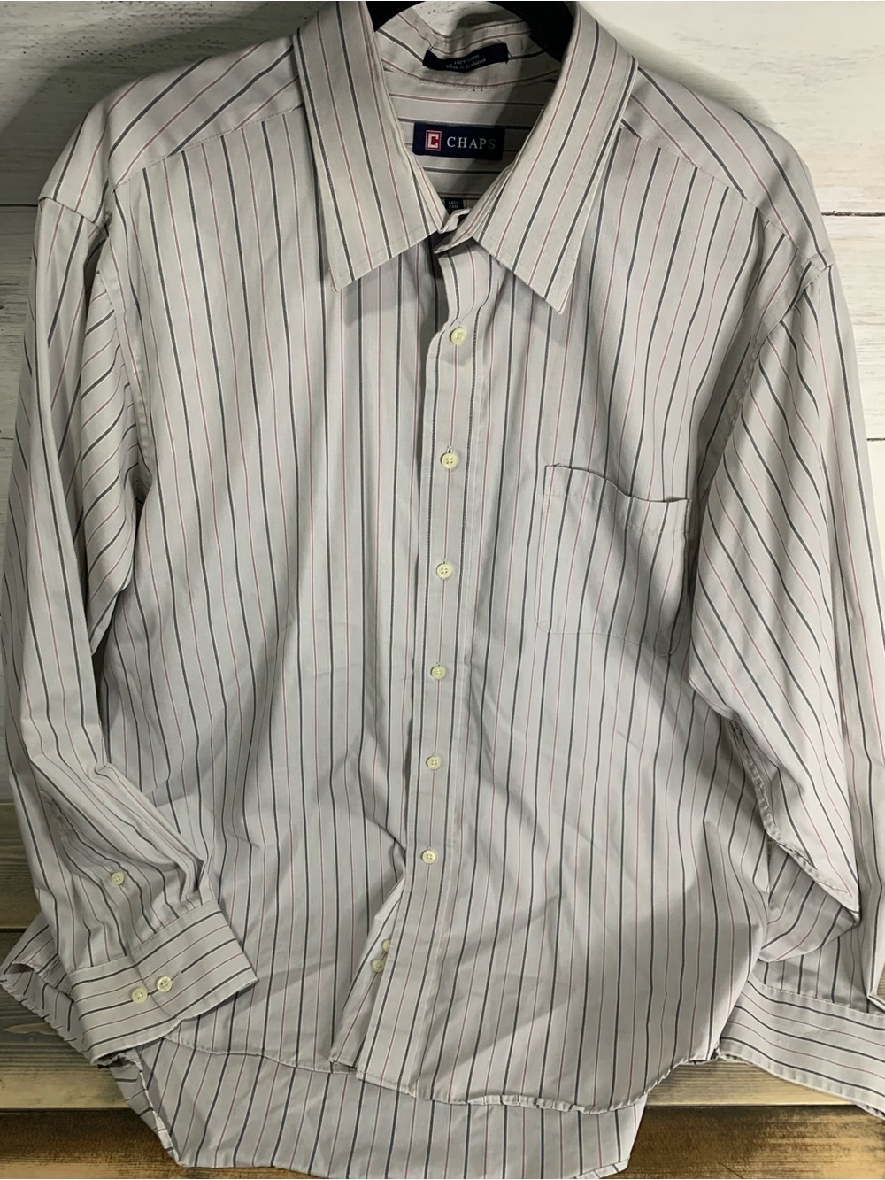Chaps Men's White Dress Shirt with Navy & Red Pinstripes